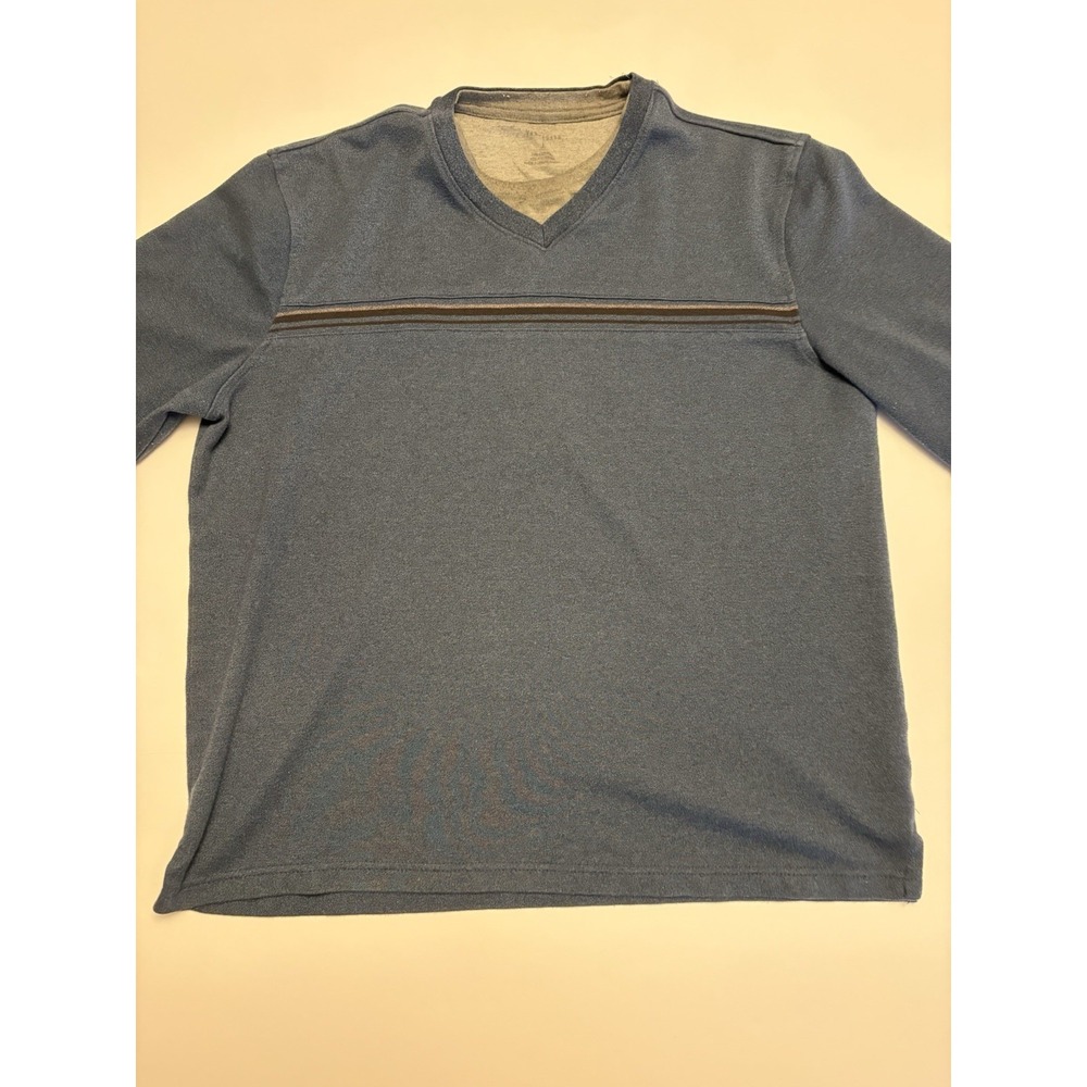 Van Heusen V Neck Sweater Mens L Blue Striped Lightweight Knit Long Sleeve